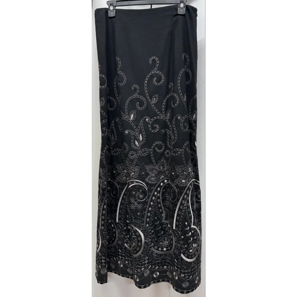 VTG Talbots Black Lined Wool Blend Embroidered Maxi Skirt sz‎ 10
